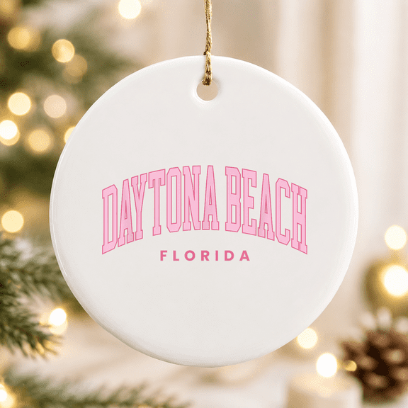 Daytona Beach Florida Retro Preppy Throwback Pink Text Christmas Ornament, Holiday Keepsake Gift, Ceramic Ornament
