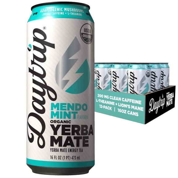 Daytrip Organic Yerba Mate Energy Drink, Mendo Mint, 200mg Caffeine + 100mg L-Theanine, 16 fl oz (Pack of 12)