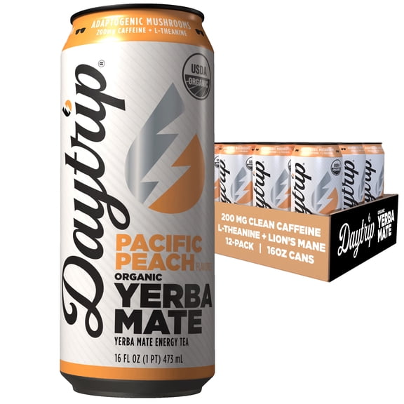 Daytrip Organic Yerba Mate Energy Drink, Pacific Peach, 45 Calories & 200mg Plant Caffeine, 16 fl oz (Pack of 12)