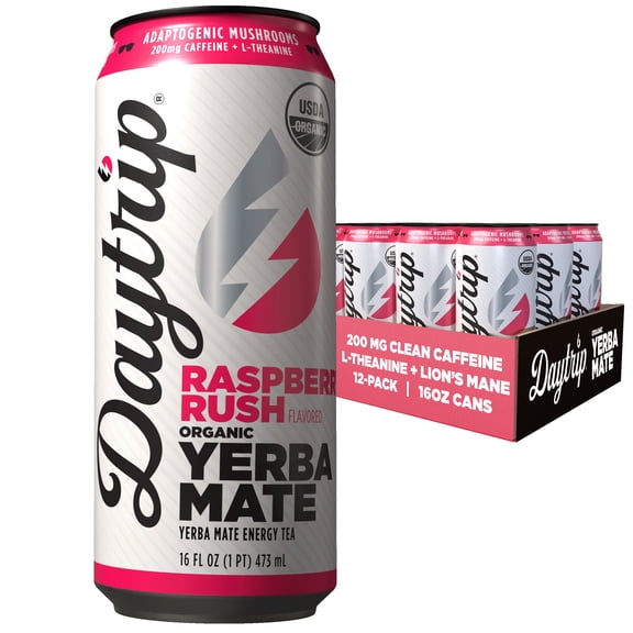 Daytrip Organic Yerba Mate Energy Drink, Raspberry Rush, 200mg Caffeine + 100mg L-Theanine, 16 fl oz (Pack of 12)