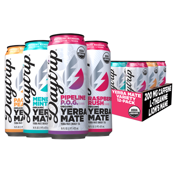 Daytrip Organic Yerba Mate Energy Drink Variety Pack, 200mg Caffeine + 100mg L-Theanine Focus Blend, 16 fl oz (Pack of 12)