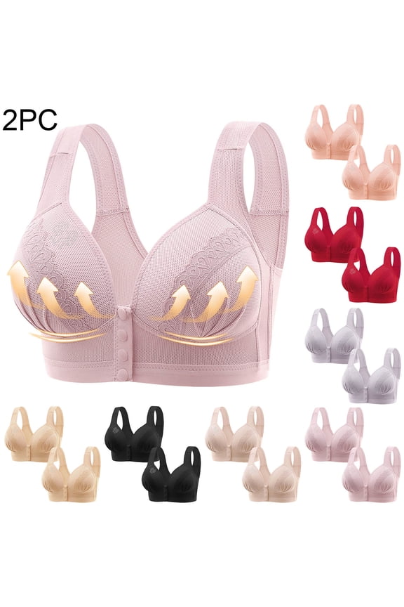 2 PC Push up Bras for Women Wireless Plus Size Front Closure Full Coverage No Underwire Bras Wireless Comfy Everyday Bras with Back Support,Watermelon Red,S
