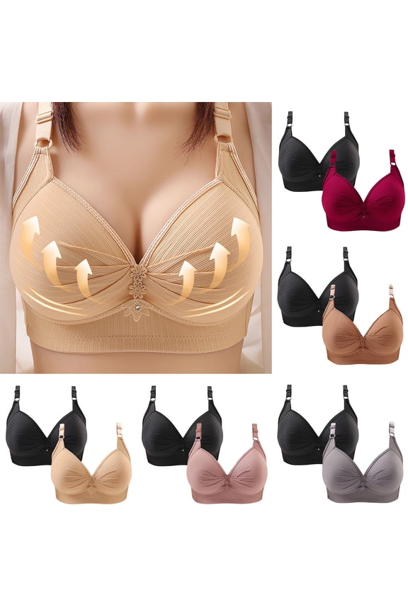 2 PC Womens Wireless Bra No Underwire Comfort Push Up Bras V Neck Soft Seamless Full Coverage Support T Shirt Everyday Bra,Beige,40/90BC