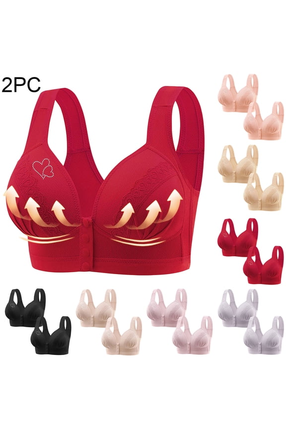 2 Pack Comfort Bras for Women Plus Size Push up Full-Figure Bra V-Neck Front Button Closure Bras Women's Lightweight Breathable Bras,Black,L