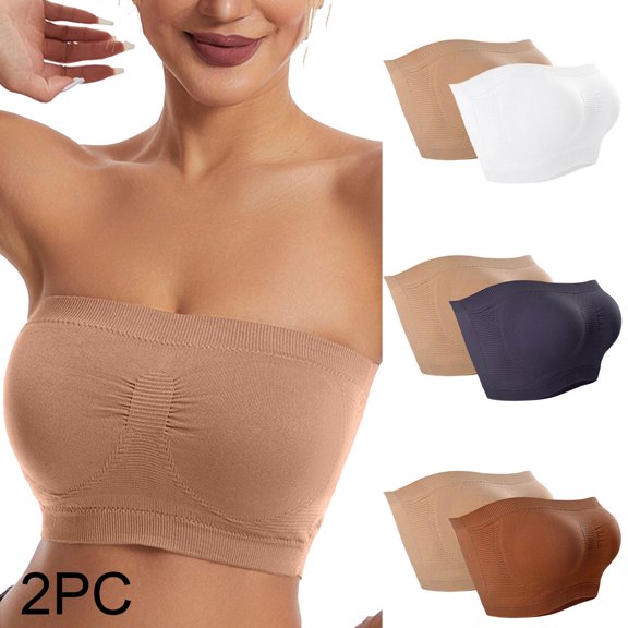 Dazajoo 2 Pack Women’s Padded Bandeau Sports Tube Top Bra Strapless Wireless Solid Seamless Yoga Workout Bralette Underwear for Women,White,XXL