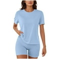 thumbnail image 1 of Dazajoo 2 Piece Athletic Sets for Women Casual Short Sleeve Shirts and Legging Shorts Matching Set Lightweight Breathable Workout Suits,Light Blue,M, 1 of 2