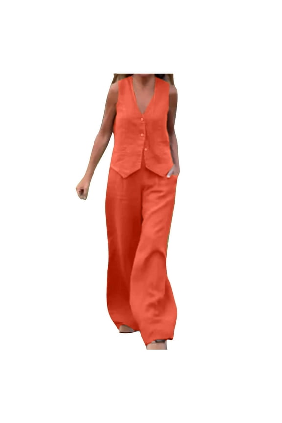 2 Piece Cotton Linen Sets for Women Summer Button Down Sleeveless Vest and Wide Leg Long Pants 2025 Fall Womens Classic Solid Color Work Blazers Suits,Orange,M