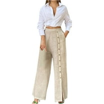 Dazajoo 2 Piece Cotton Linen Sets for Women Summer Long Sleeve Deep V Neck Tops and Button Down Long Pants Outfits 2024 Womens Fashion Solid Color Lounge Suits,White,XL