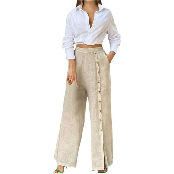 Dazajoo 2 Piece Cotton Linen Sets for Women Summer Long Sleeve Deep V Neck Tops and Button Down Long Pants Outfits 2024 Womens Fashion Solid Color Lounge Suits,White,XL