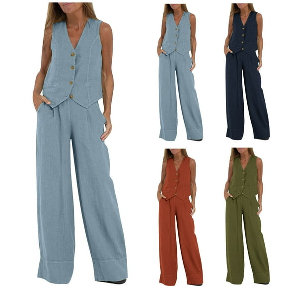 Dazajoo 2 Piece Linen Set for Women Sleeveless Button Down V Neck Vest and Wide Leg Pants with Pockets Casual Solid Color Work Suits,Dark Blue,XXL