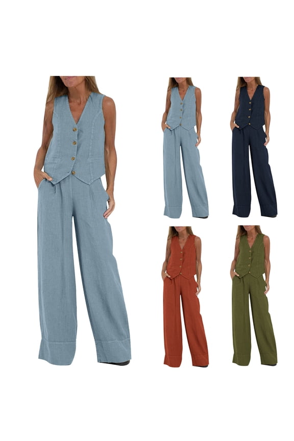 2 Piece Linen Set for Women Sleeveless Button Down V Neck Vest and Wide Leg Pants with Pockets Casual Solid Color Work Suits,Light Blue,XL