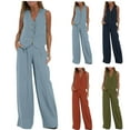 thumbnail image 1 of Dazajoo 2 Piece Linen Set for Women Sleeveless Button Down V Neck Vest and Wide Leg Pants with Pockets Casual Solid Color Work Suits,Orange,M, 1 of 6