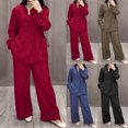 thumbnail image 1 of Dazajoo 2 Piece Linen Set for Women Summer Beach Long Sleeve Button V Neck Tops ans Wide Leg Pants with Pockets Matching Sets Saving Deals,Red,XXXXXL, 1 of 7