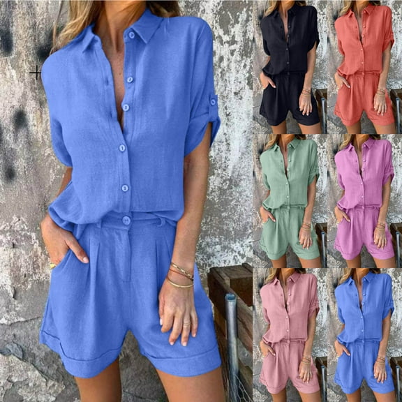 Dazajoo 2 Piece Linen Sets for Women Summer Plus Size Button Down Short Sleeve Shirts and Elastic Waist Shorts Suits Casual Loungewear,Pink,XXL