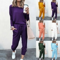 Dazajoo 2 Piece Long Sleeve Jogger Sets for Women Round Neck Pullover and Drawstring Sweatpants with Pockets 2024 Fall Classic Solid Color Outdoor Workout Lounge Suits,Purple,M