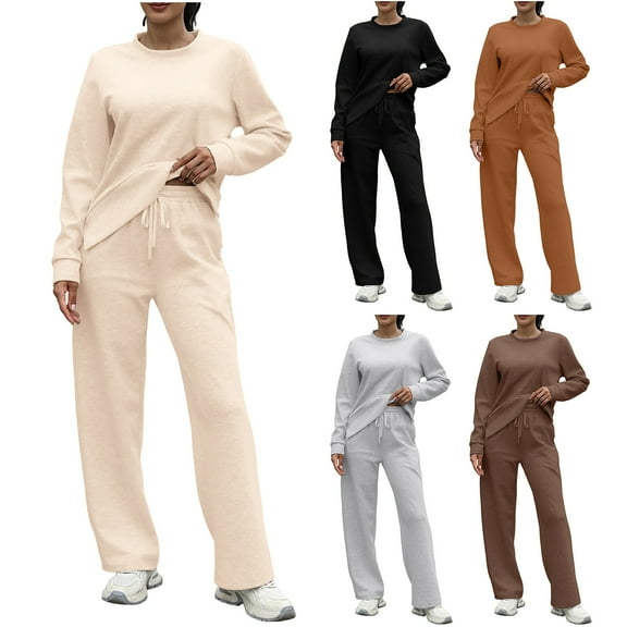 Dazajoo 2 Piece Sets for Women Fall Casual Long Sleeve Shirts and Drawstring Wide Leg Pants Tracksuits Jogging Suits Matching Clothing,Beige,L