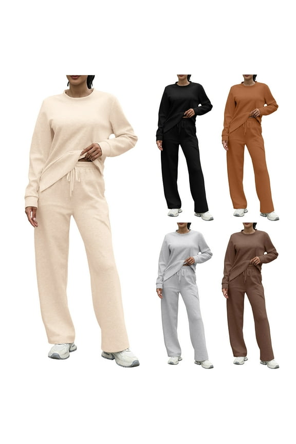 2 Piece Sets for Women Fall Casual Long Sleeve Shirts and Drawstring Wide Leg Pants Tracksuits Jogging Suits Matching Clothing,Beige,L