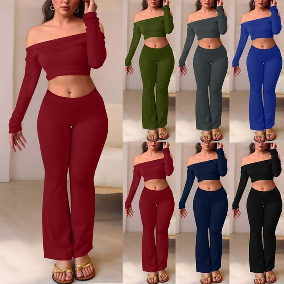 Dazajoo 2 Piece Sets for Women Long Sleeve Off Shoulder Crop Tops and Flared Leggings Lounge Set Yoga Sportswear Outfits,Red,L