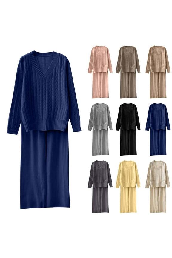 2 Piece Sets for Women Long Sleeve V Neck Cable Knit Pullover Sweater and Wide Leg Pants Fall Winter Loungewear Suits,Gray,Free Size