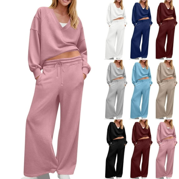 Dazajoo 2 Piece Sets for Women Loose V Neck Drop Shoulder Long Sleeve Tops Pullover Sweatshirts and Wide Leg Pants Sweatsuit Fall Clothes,Gray,S