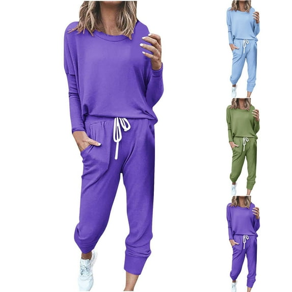 Dazajoo 2 Piece Sweatsuits for Women Basic Solid Color Fall Casual Jogger Sets 2024 Round Neck Long Sleeve Shirts and Drawstring Pants Matching Sets with Pockets,Blue,XXL