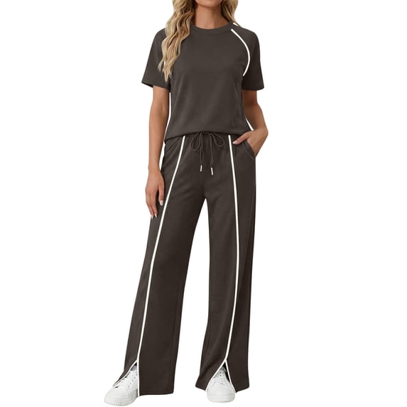Dazajoo 2 Piece Tracksuits for Women Short Sleeve Crewneck Tops and Wide Leg Drawstring Pants with Pockets Casual Outdoor Lounge Sets,Brown,S