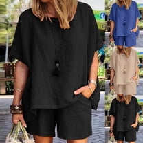 Dazajoo 2 Piece Travel Sets for Women Summer Short Sleeve Round Neck Pullover Matching Shorts Set Solid Color Baggy Lounge Suits,Black,S