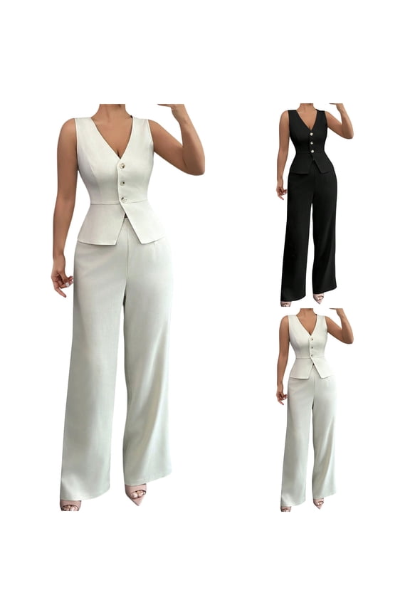 2 Piece Work Sets for Women Button Blazer Vest and High Waisted Wide Leg Pants Sets Business Casual Office Outfit Black,L