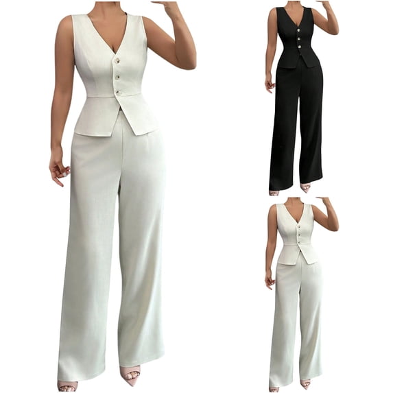 Dazajoo 2 Piece Work Sets for Women Button Blazer Vest and High Waisted Wide Leg Pants Sets Business Casual Office Outfit White,XXXL