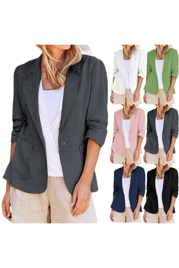 2024 Summer Linen Blazer Women 3/4 Solid Color Stretchy Ruched Sleeve Fully Lined Lightweight Breathable Casual Work Jacket for Women,Black,XXL