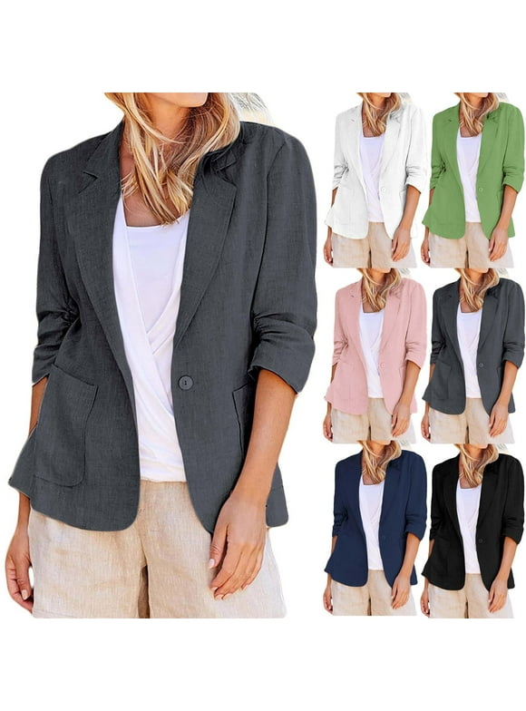 Dazajoo 2024 Summer Linen Blazer Women 3/4 Solid Color Stretchy Ruched Sleeve Fully Lined Lightweight Breathable Casual Work Jacket for Women,Black,XXXL