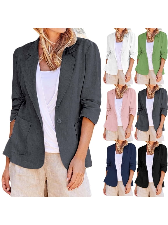 2024 Summer Linen Blazer Women 3/4 Solid Color Stretchy Ruched Sleeve Fully Lined Lightweight Breathable Casual Work Jacket for Women,Green,L