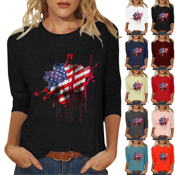 Dazajoo 2025 USA Flag for Women Plus Size Shirts Independence Day Crew Neck Tunic Tops Womens 4th of July Summer Patriotic Loose T-shirt,Black,L