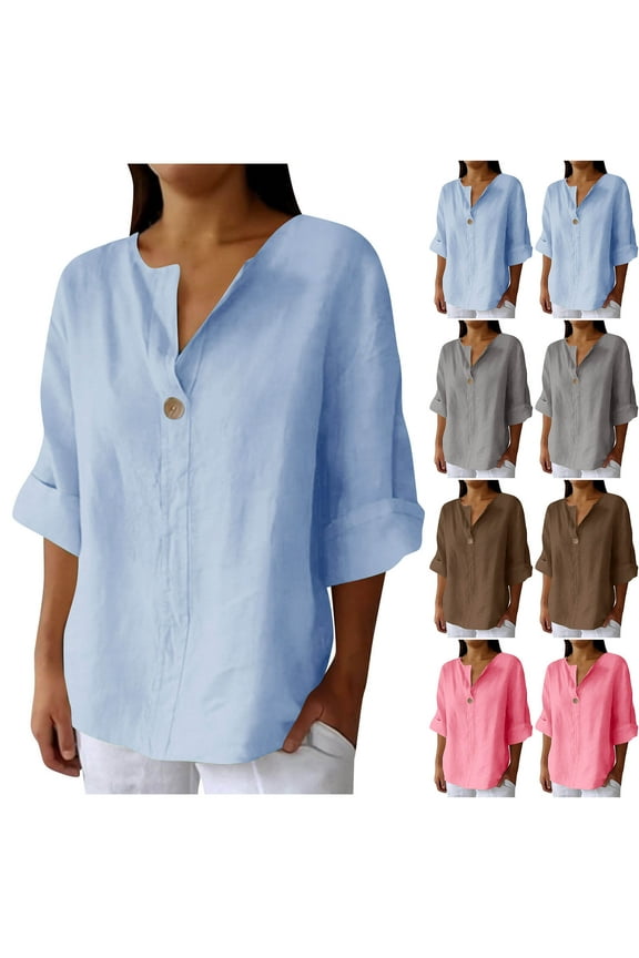 3/4 Sleeve Cotton Linen Shirts for Women V Neck Summer Beach Blouses Casual Solid Color Basic Pullover,Brown,XL