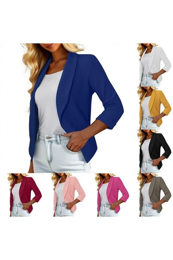 3/4 Sleeve Cropped Blazer for Women Lightweight Open Front Cardigan Jacket Business Causal Work Office Suit Jackets,Yellow,M
