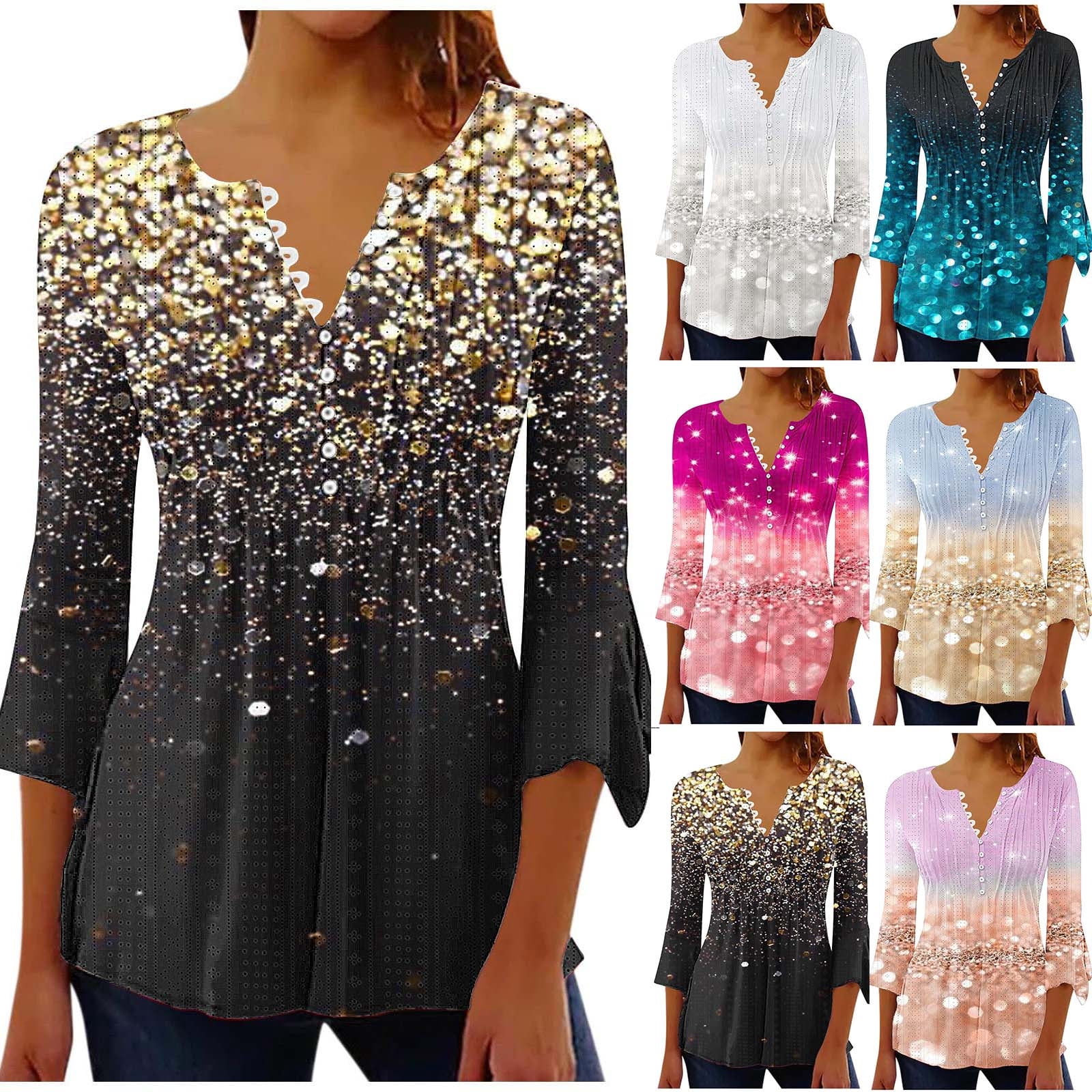 Dazajoo 3/4 Sleeve Sequin Tops for Women Gradient Color V Neck Button ...
