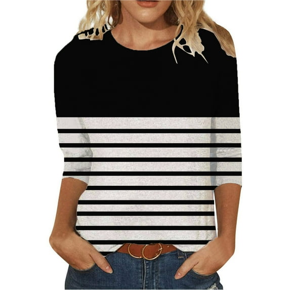 Dazajoo 3/4 Sleeve Shirts for Women Color Block Crew Neck Tops 2024 Womens Striped Casual Summer Blouses,Black,M