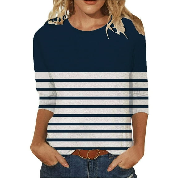 Dazajoo 3/4 Sleeve Shirts for Women Color Block Crew Neck Tops 2024 Womens Striped Casual Summer Blouses,Navy,XXL