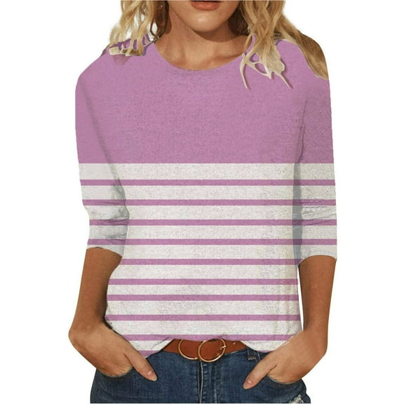 Dazajoo 3/4 Sleeve Shirts for Women Color Block Crew Neck Tops 2024 Womens Striped Casual Summer Blouses,Pink,XL