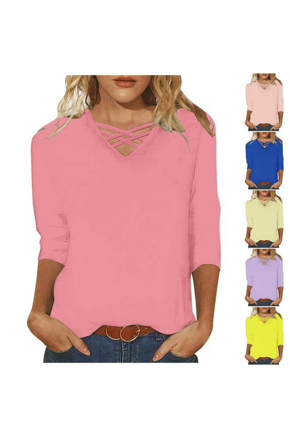 3/4 Sleeve Solid Color Shirts for Women Plus Size Trendy Cross Front V Neck Tops 2025 Fall Womens Loose Lightweight Blouses,Purple,XL