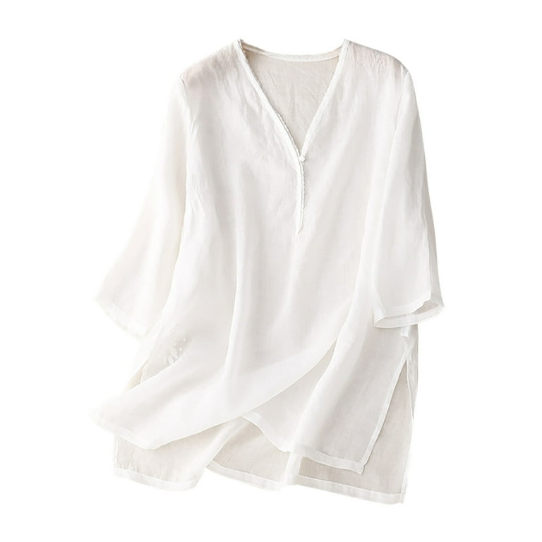 Dazajoo 3/4 Sleeve Solid Color Shirts for Women Cotton Linen