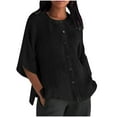 thumbnail image 1 of Dazajoo 3/4 Sleeve Solid Color Tops for Women Cottn Linen Button Down Crew Neck Shirts 2024 Womens Trendy Sild Slit Summer Tees,Black,S, 1 of 6