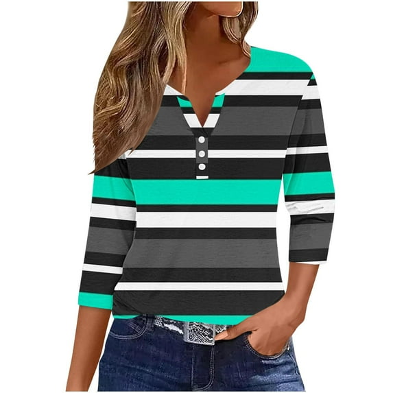 Dazajoo 3/4 Sleeve Summer Tops for Women 2024 Vacation Trendy Colorful Striped Henley Shirts Womens Rainbow Colorblock V Neck Tunics,Green,S