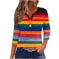 thumbnail image 1 of Dazajoo 3/4 Sleeve T Shirts for Women Plus Size Striped V Neck Tops 2024 Fall Womens Casual Colorblock Henley Shirts,Orange,S, 1 of 5
