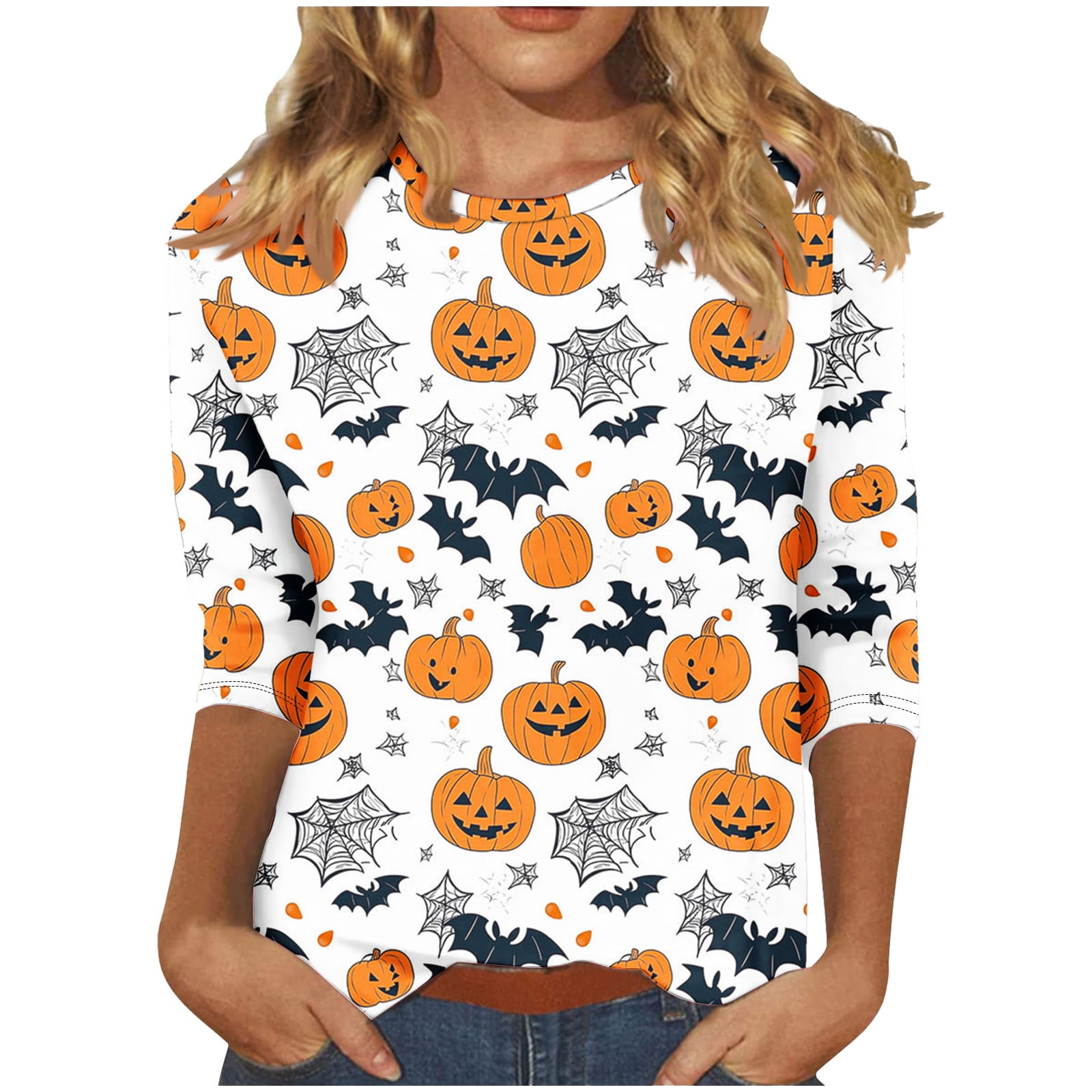 Dazajoo 3/4 Sleeve Tee Shirts for Women Halloween Plus Size Round Neck ...