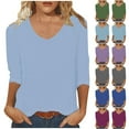thumbnail image 1 of Dazajoo 3/4 Sleeve Tee Shirts for Women Plus Size Solid Color V Neck Pullover Blouses 2024 Fall Casual Lightweight Tops Vacation Sale,Sky Blue,XXXL, 1 of 5