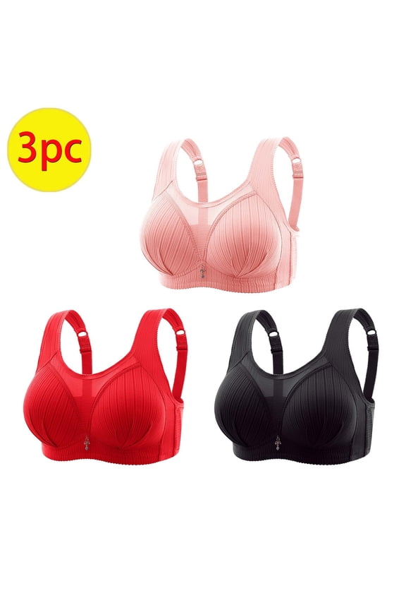 3 Pack Women Bras Plus Size Behind Buckle Comfortable Breathable Non-Steel Ring Underwear Sexy Mesh Lace Full Coverage Everyday Bralettes for Women,Red,L