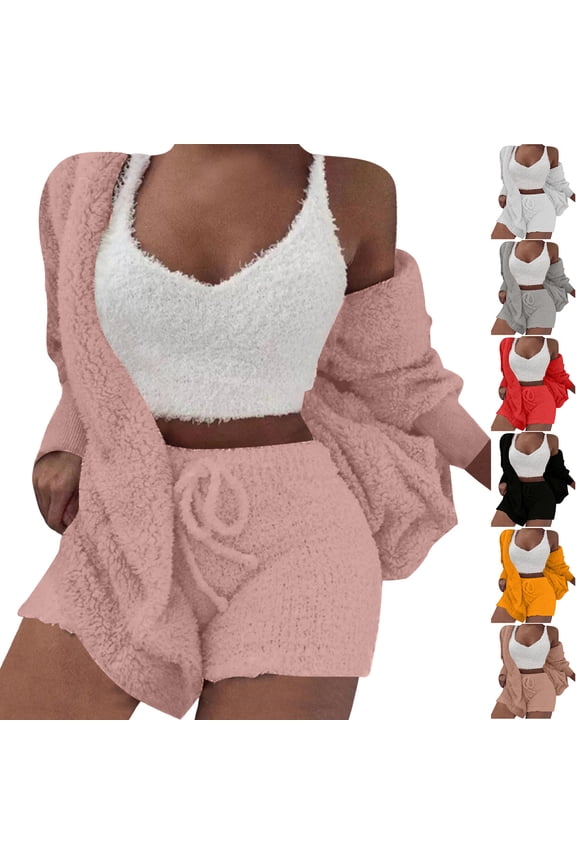 3 Piece Fuzzy Fleece Lounge Sets for Women Spaghetti Strap Crop Top Sherpa Jacket and Shorts Set Comfy Soft Sleepwear,Rose Gold,L