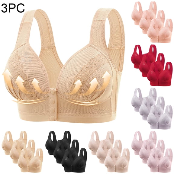 Dazajoo 3PCS Front Button Push Up Bras for Women Comfortable Soft Full Coverage Sport Underwear 2025 Womens Lightweight Breathable Convenient Everyday Bra,Beige,L