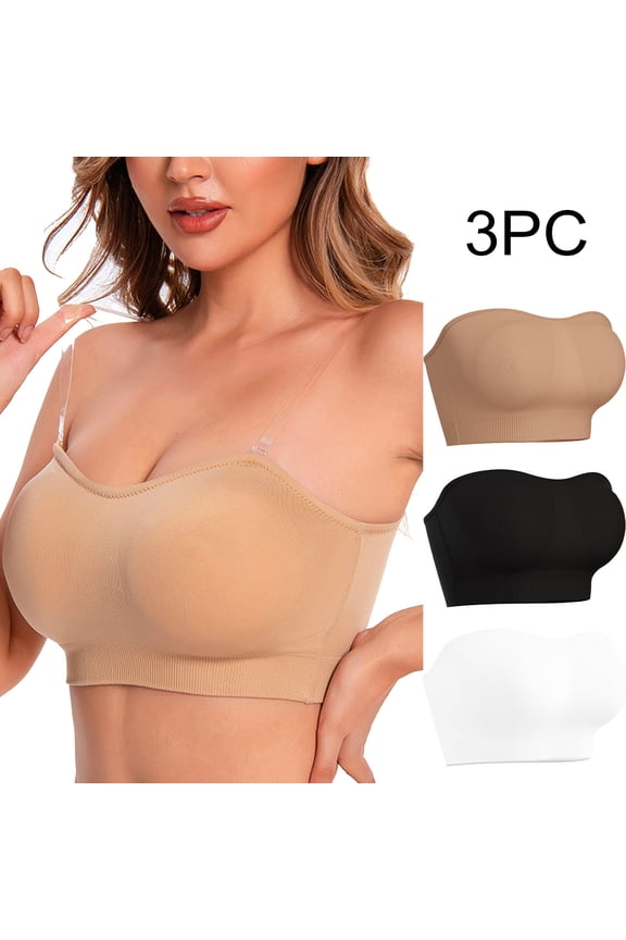 3PCS Women's Seamless Bandeau Bra Tube Top Strapless Stretch Bralette Comfy Breathable Chest Wrap Soft Lightweight Everyday Underwear for Women 2025,Beige,S